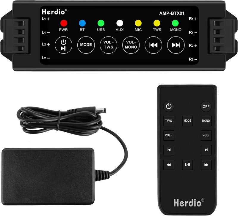 Herdio 4-Channel Bluetooth Amplifier Receiver - 200W Total Power (40W/Channel) with 24V5A Power Supply, IR Remote Control & Power-Off Memory - Ideal for Home, Garage, Ceiling & Passive Speakers - Image 1